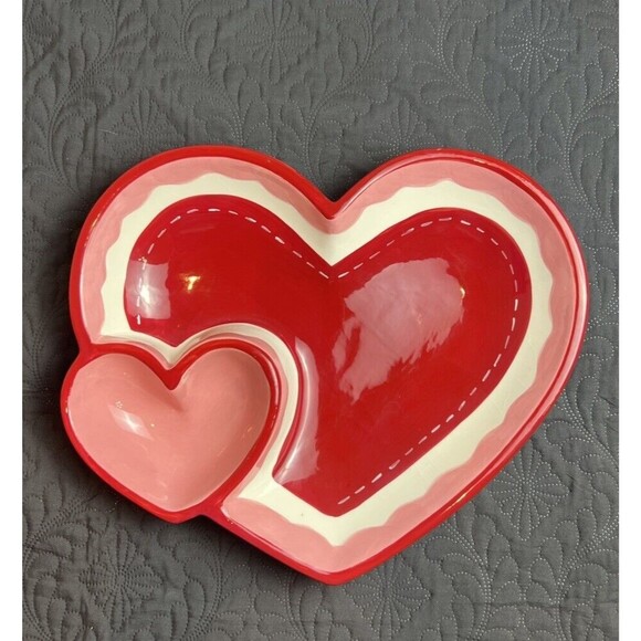 Valentine Red & Pink Large Double Hearts Ceramic Chip 'n Dip Tray Bowl 14" 2006 - Picture 2 of 7
